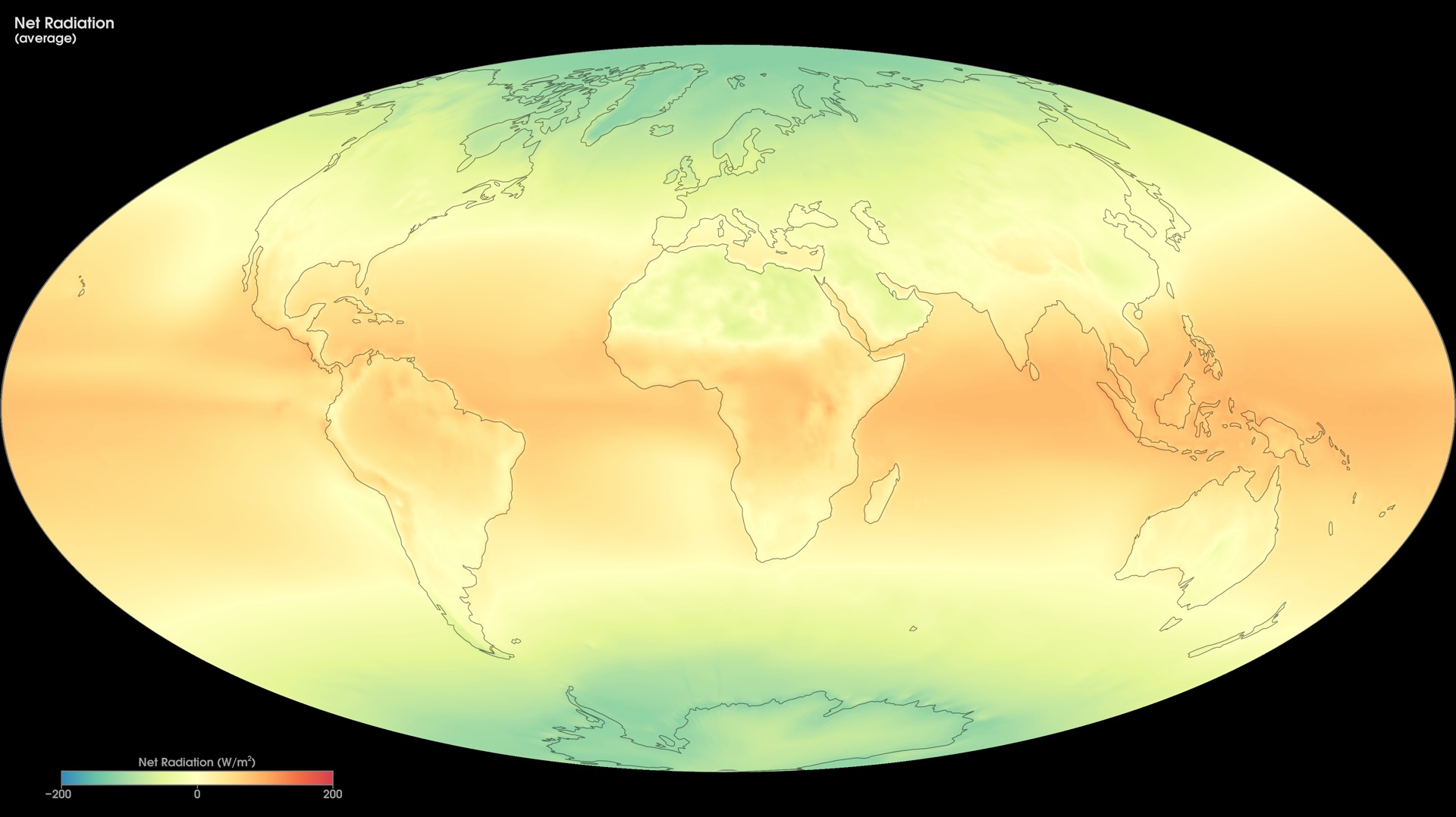NASA CERES map of net radiation averaged over 2000–2015, with a −200 to +200 W m⁻² colour scale.