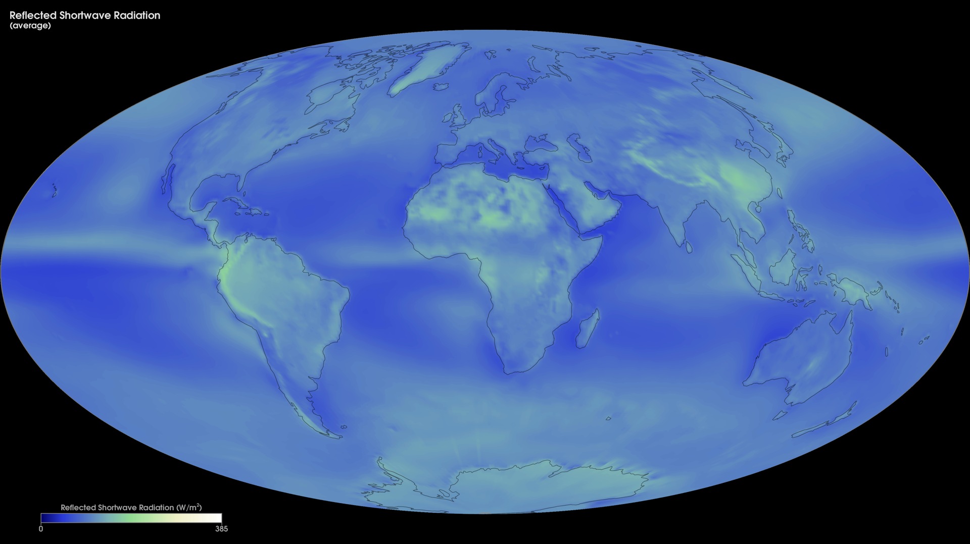 NASA CERES map of reflected shortwave radiation averaged over 2000–2015, with a 0–385 W m⁻² colour scale.