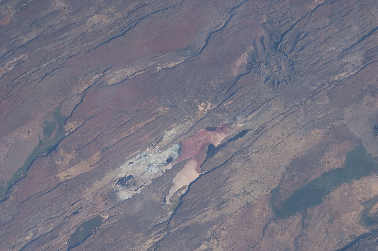 Long fault-bounded valleys and escarpments in Kenya's East African Rift, viewed from the ISS.