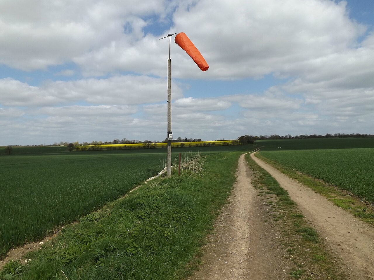 An orange windsock extends above a field beside the path to Green Lane Farm.