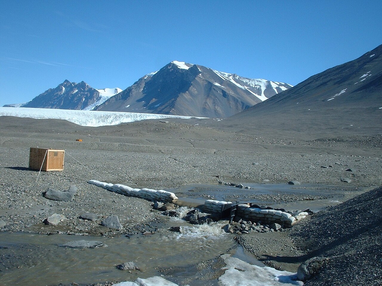 A streamflow-gauging station beside Huey Creek in Antarctica's rocky McMurdo Dry Valleys.