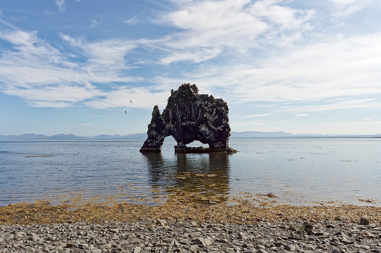 The isolated rock stack Hvítserkur rises from shallow coastal water in northwestern Iceland.