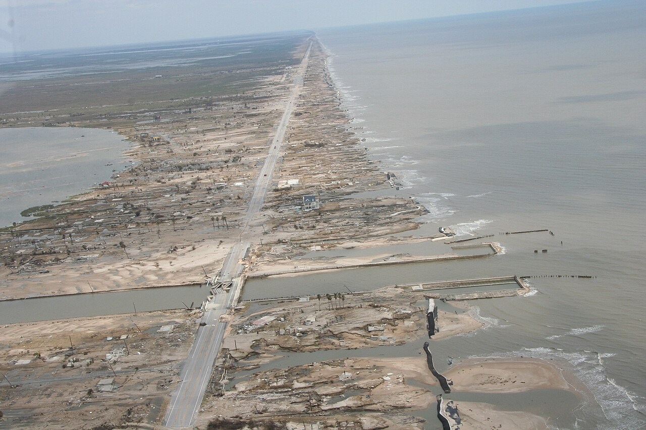 An aerial view of damaged buildings and washed-over land on the Bolivar Peninsula after Hurricane Ike.