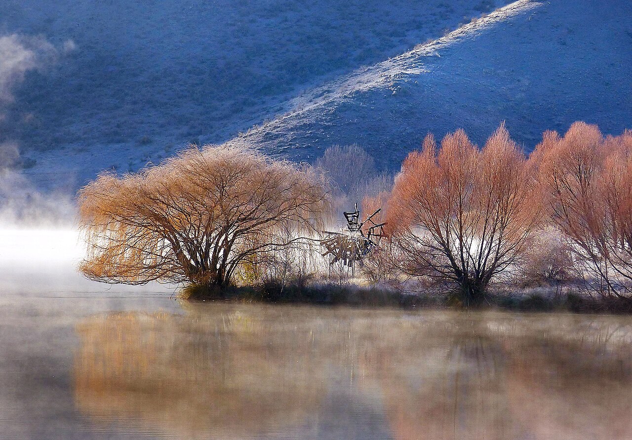 Wisps of low fog rise above a calm lake on a frosty morning, with trees reflected in the water.