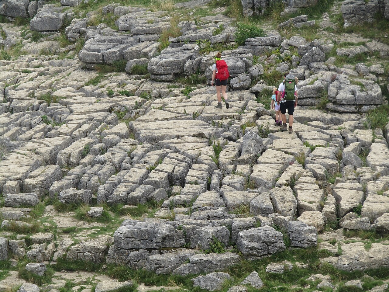 People cross pale limestone blocks separated by deep joints above Malham Cove, England.