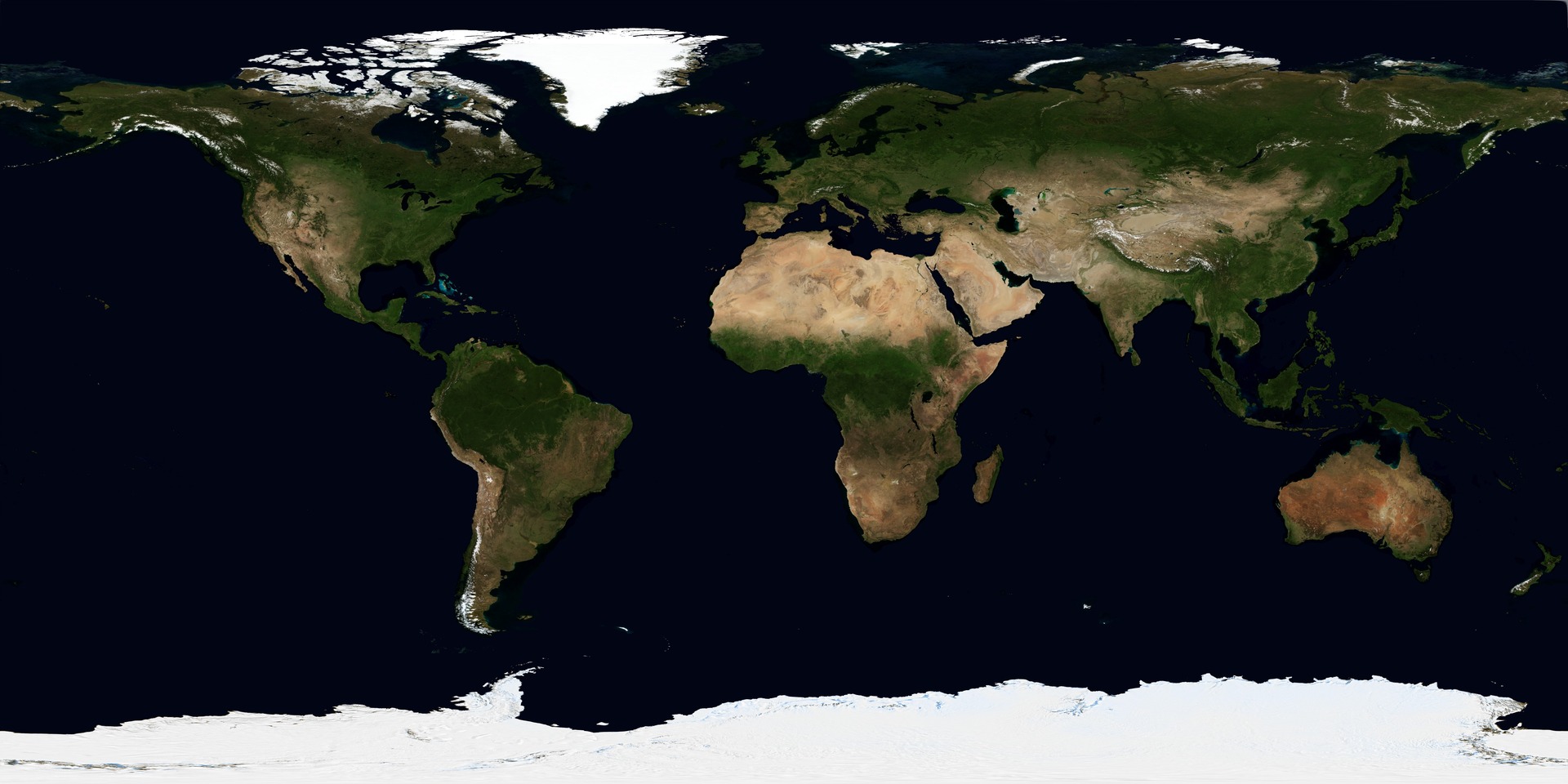 NASA Blue Marble satellite composite of Earth in an equirectangular global map.