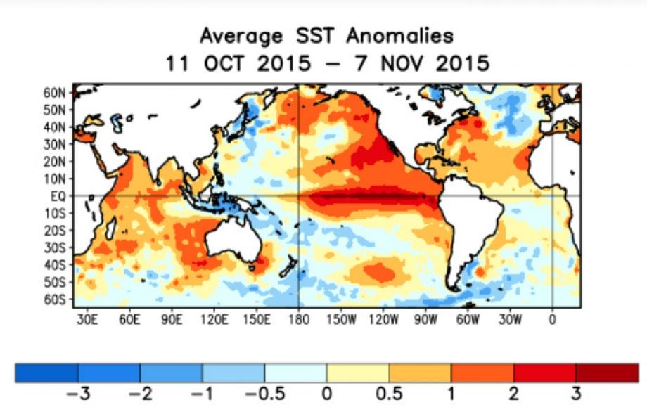 NOAA sea-surface temperature anomaly map with warmer-than-average water across the equatorial Pacific in late 2015.