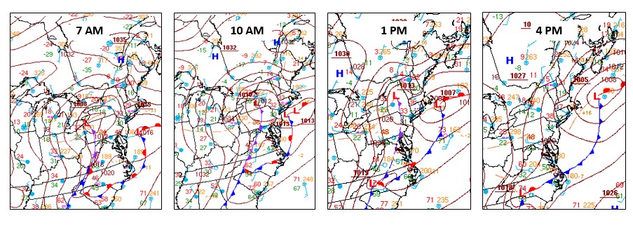 Four NOAA surface analysis charts show pressure contours and weather fronts during a North American storm.