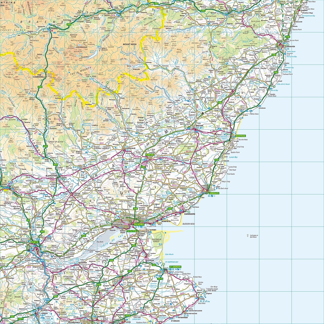 Ordnance Survey 1:250,000 map sheet NO of northeast Scotland with the British National Grid.