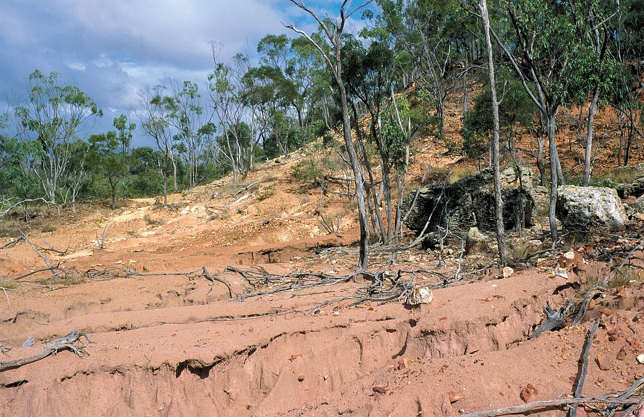 Bare eroded soil with small gullies on a hillslope near Charters Towers, Queensland.