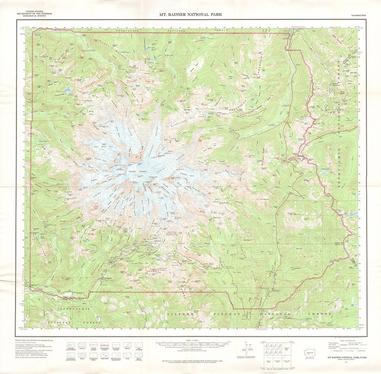 USGS topographic map of Mount Rainier with contours, glaciers and named summits.
