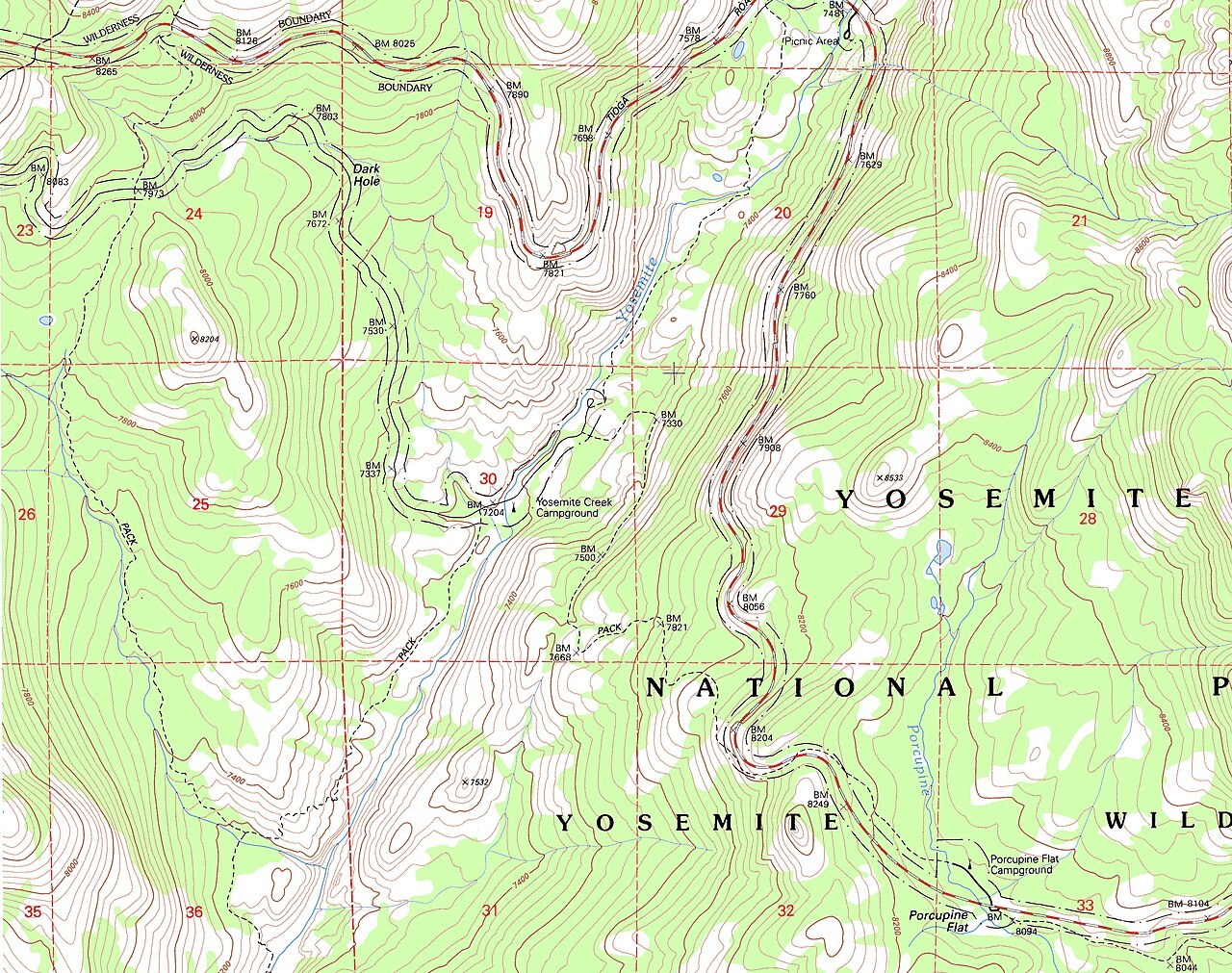 USGS topographic map extract showing Yosemite Creek, a campground, contours and coordinate markings.